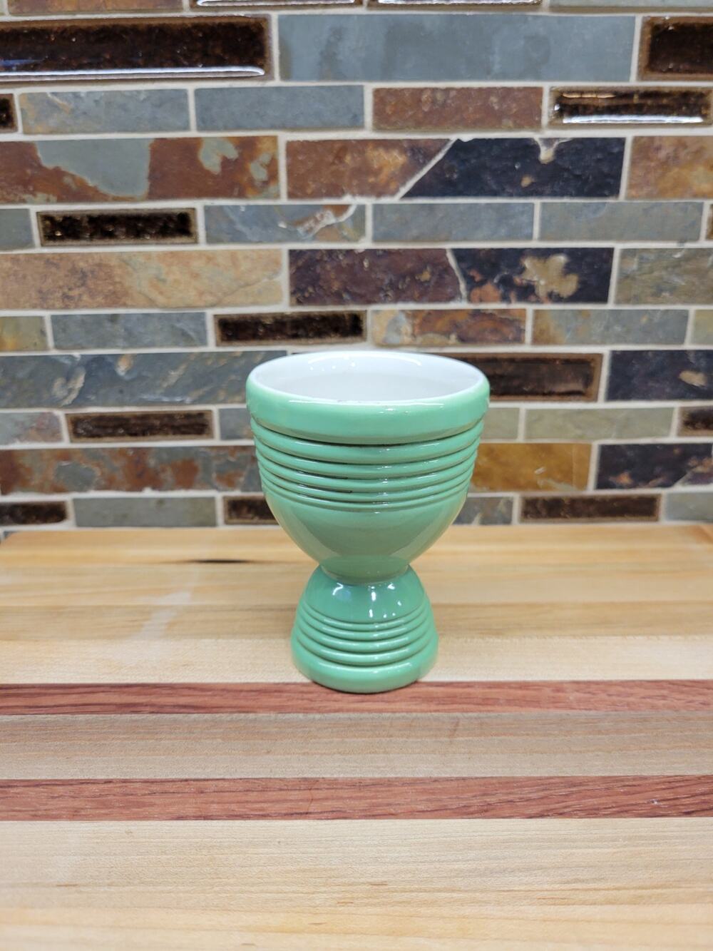 Vintage Hankscraft Green Double Egg Cup Ribbed Ceramic Fiesta Go Along Art Deco